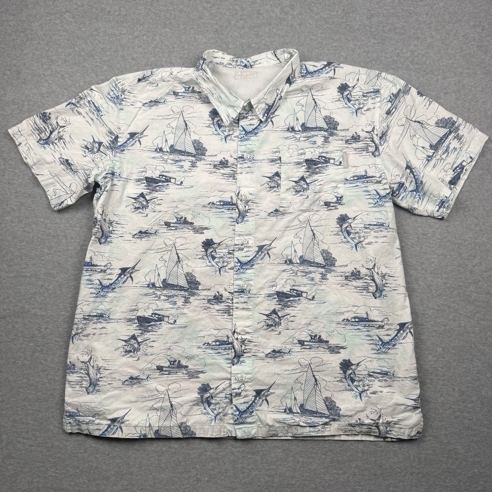 Columbia PFG Fishing Shirt Mens XL White Graphic Print Swordfish Vented Marine